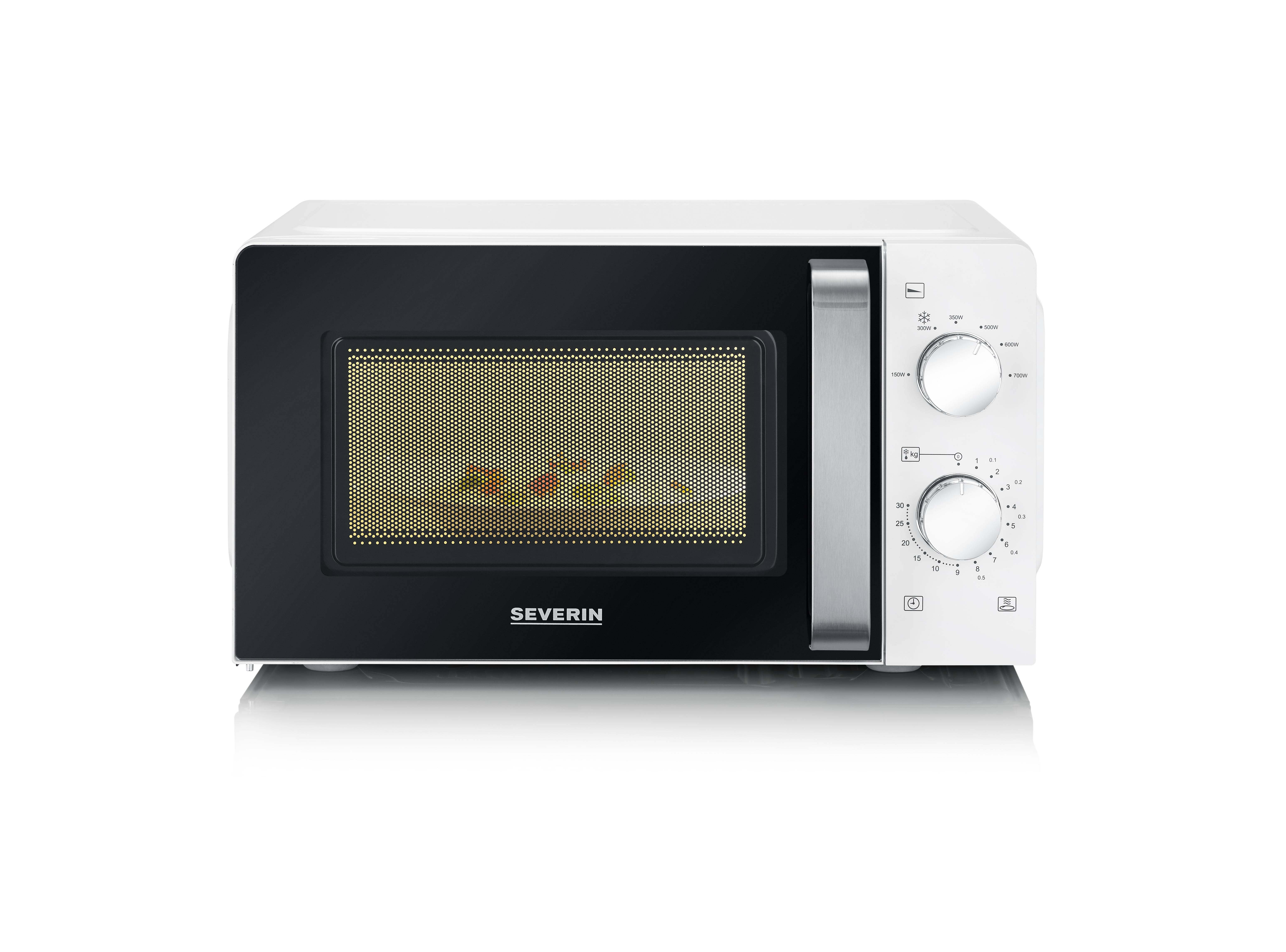 A white microwave with a black and gold window and two rotary knobs on the side, standing on a smooth surface.