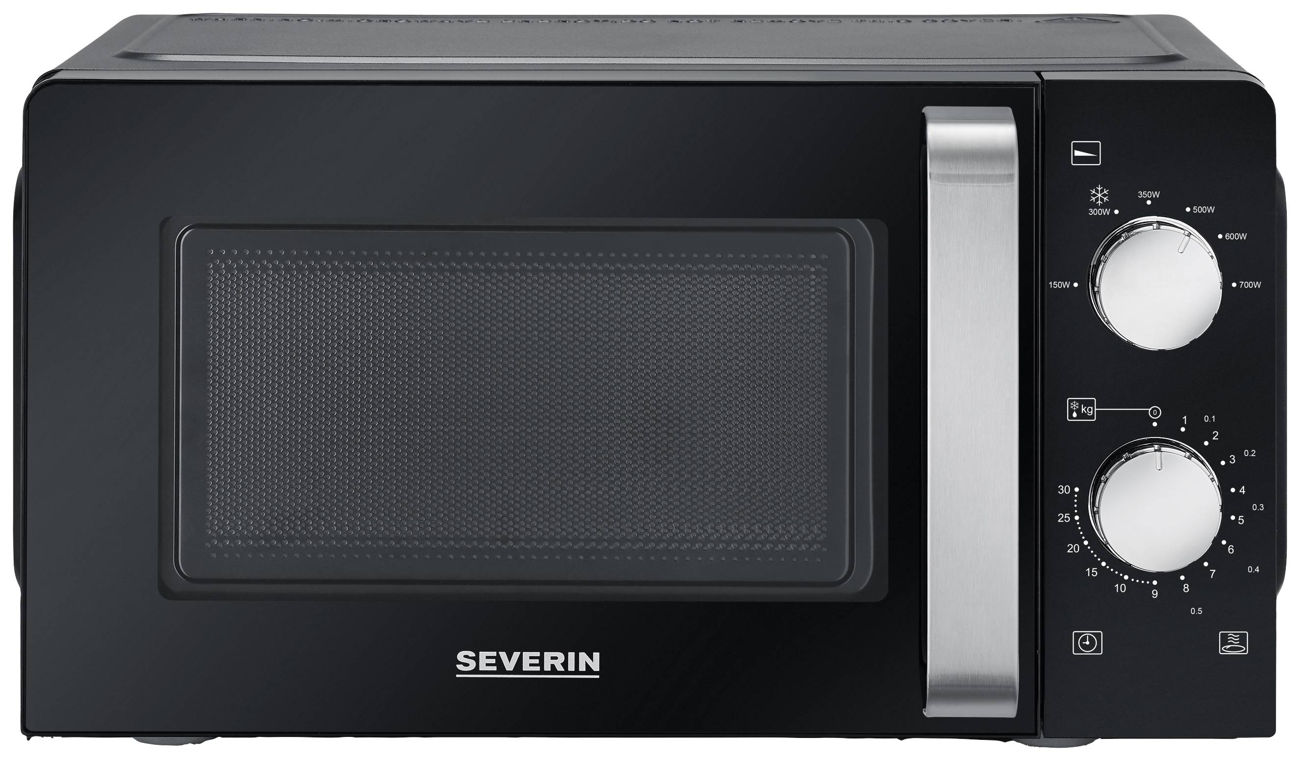 Black microwave with two rotary controls on the right side for setting time and power.
