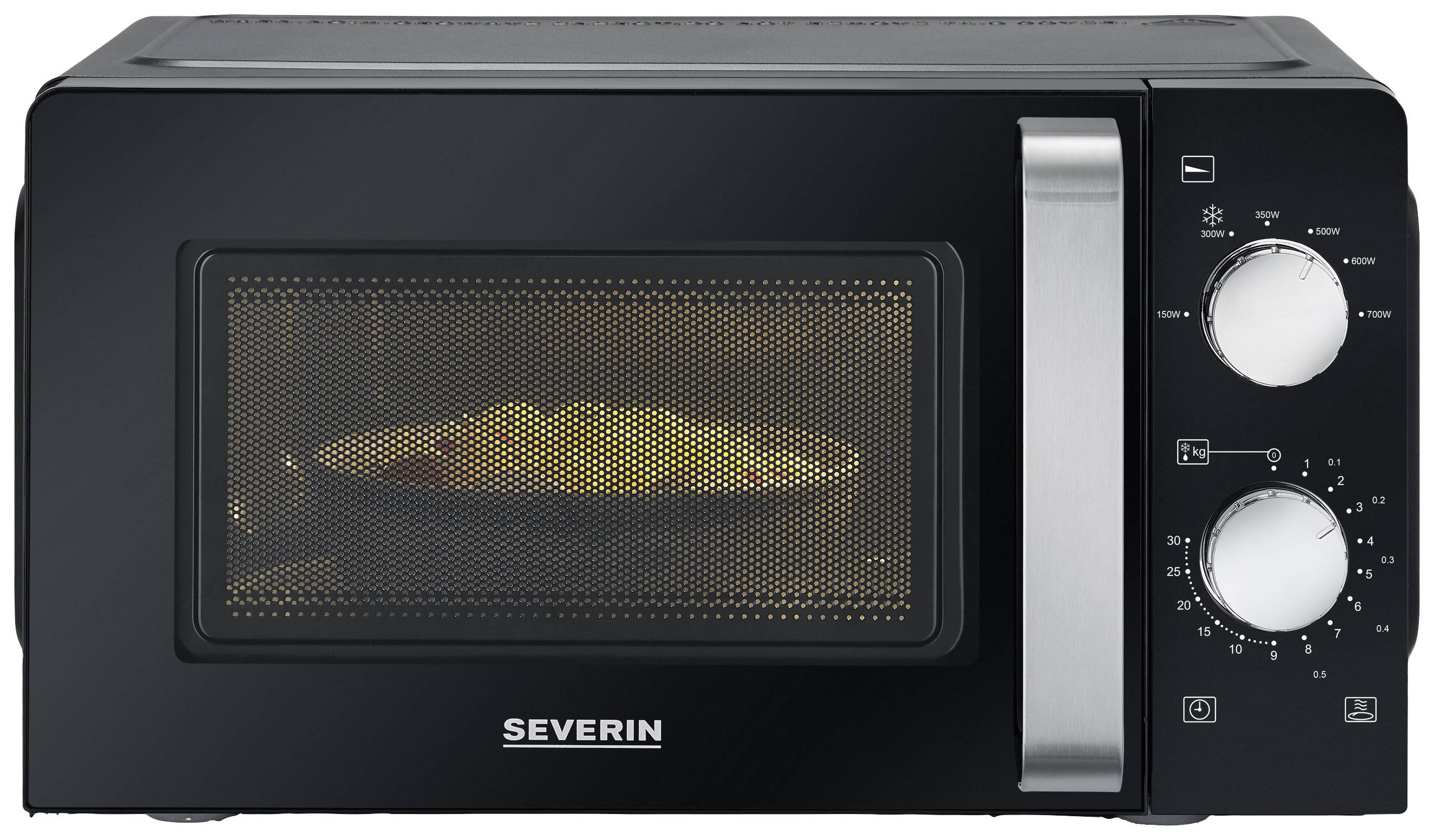A black microwave with a transparent window, through which a meal on a plate is visible inside.