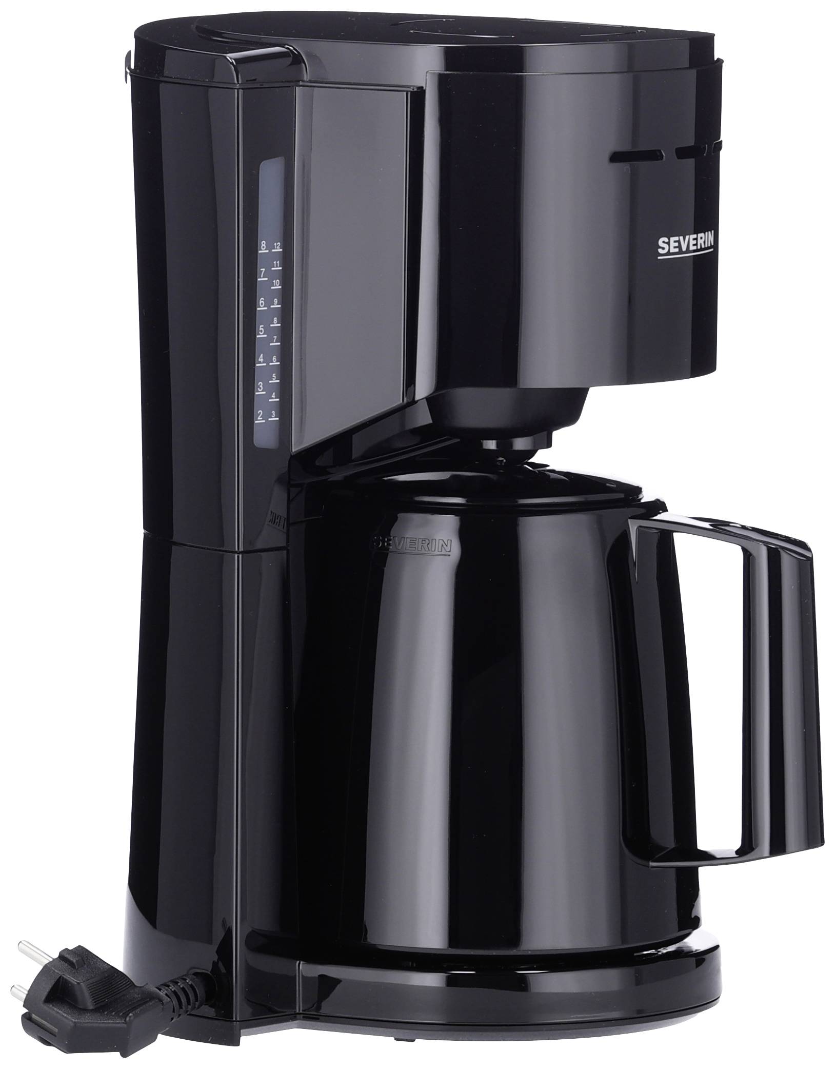 Black filter coffee machine with glass carafe, water level scale on the side, cable visible at the bottom left.