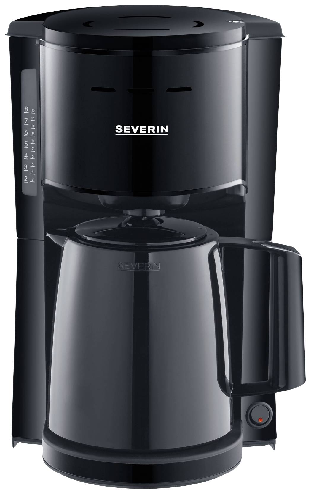 Black coffee machine with glass carafe, 'Severin' text on the front. Device is placed on a white surface.