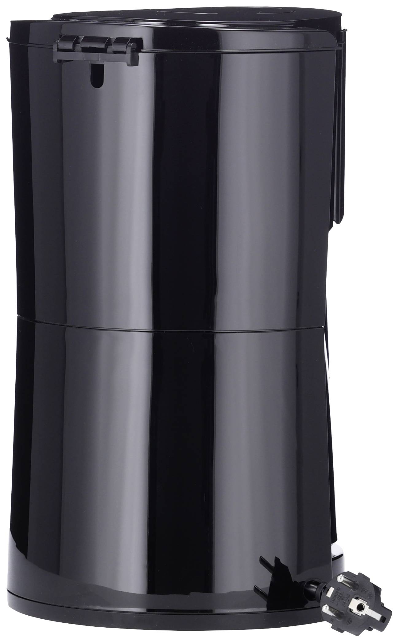 Black, cylindrical rubbish bin with a removable lid. In the foreground, an electric cable with a plug, indicating an electrical function.