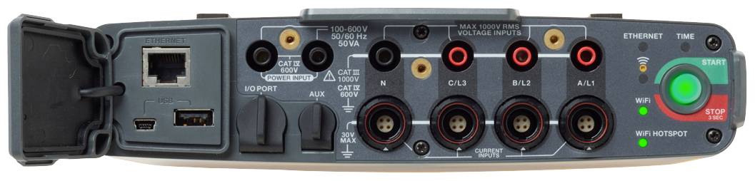 Back of an electronic device with multiple ports, including Ethernet, USB, and audio inputs. A green start button and red stop button are visible.