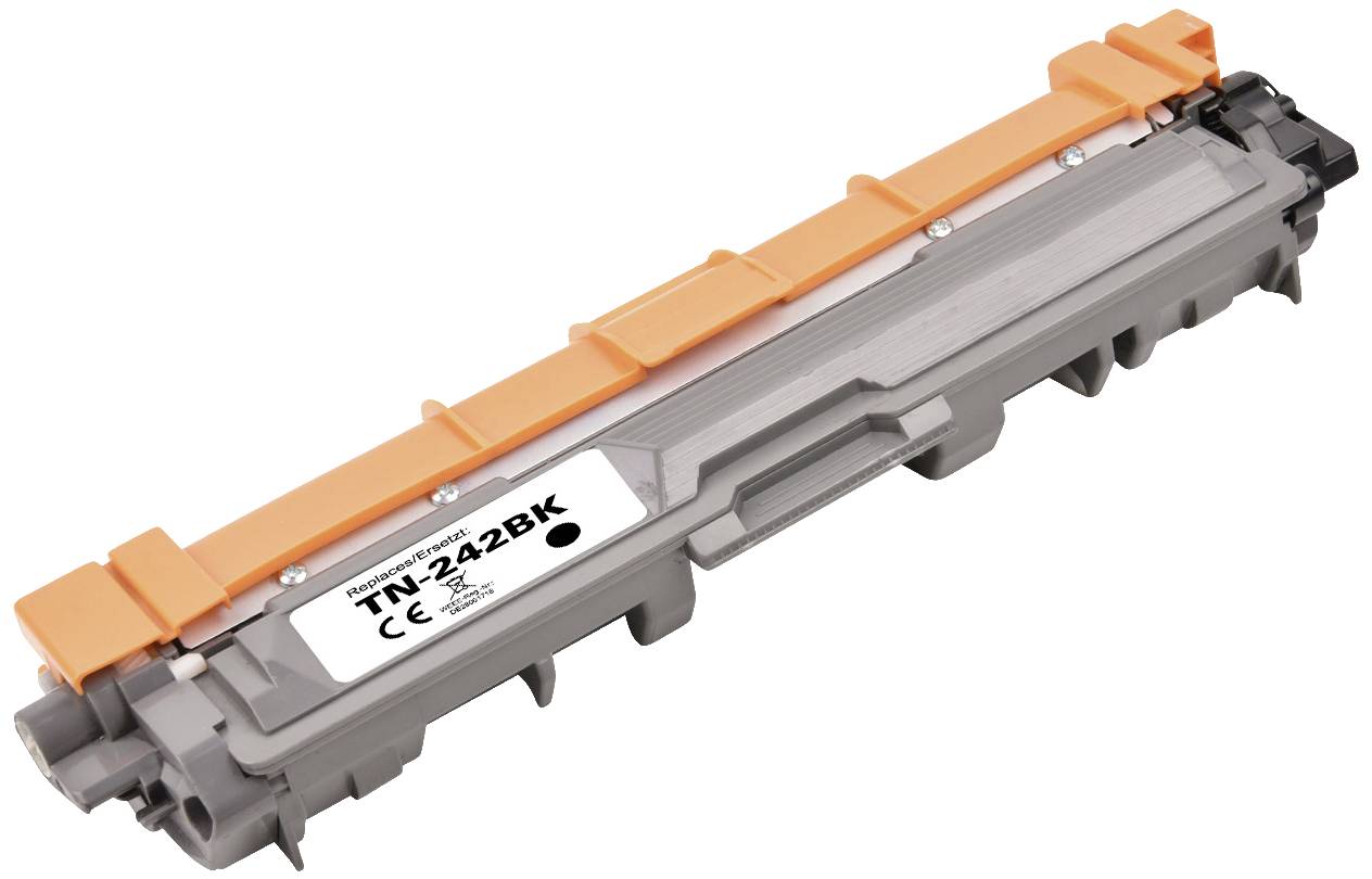 A black toner cartridge, model 'TN-242BK', is lying on a white background. It is a replacement part for printers.