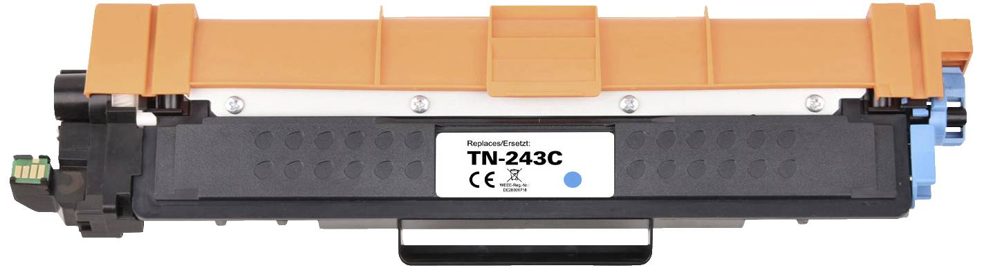 Printer toner cartridge TN-243C in black and orange with a 'Replace/Reset' label and CE marking.