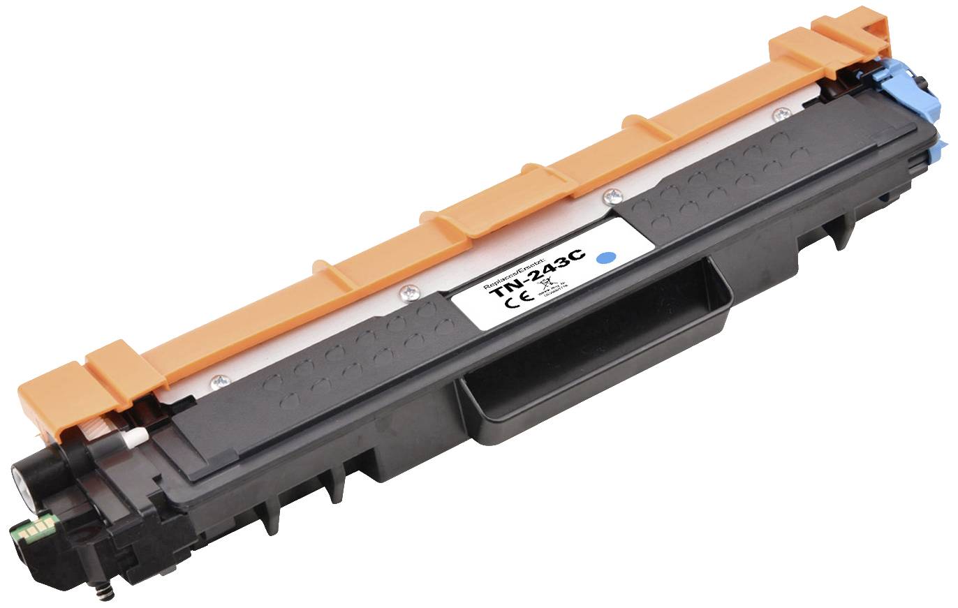 'Printer toner cartridge with an orange cover and black casing, label showing model number and CE marking.'
