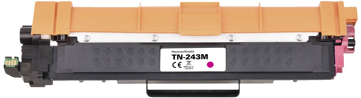 Printer toner cartridge with label 'TN-243M'. Black casing with orange cover.
