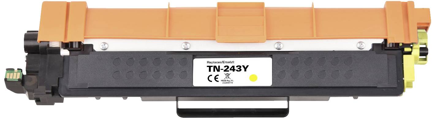 Yellow laser toner TN-243Y, suitable for compatible printer models, with an orange protective cover on the top.