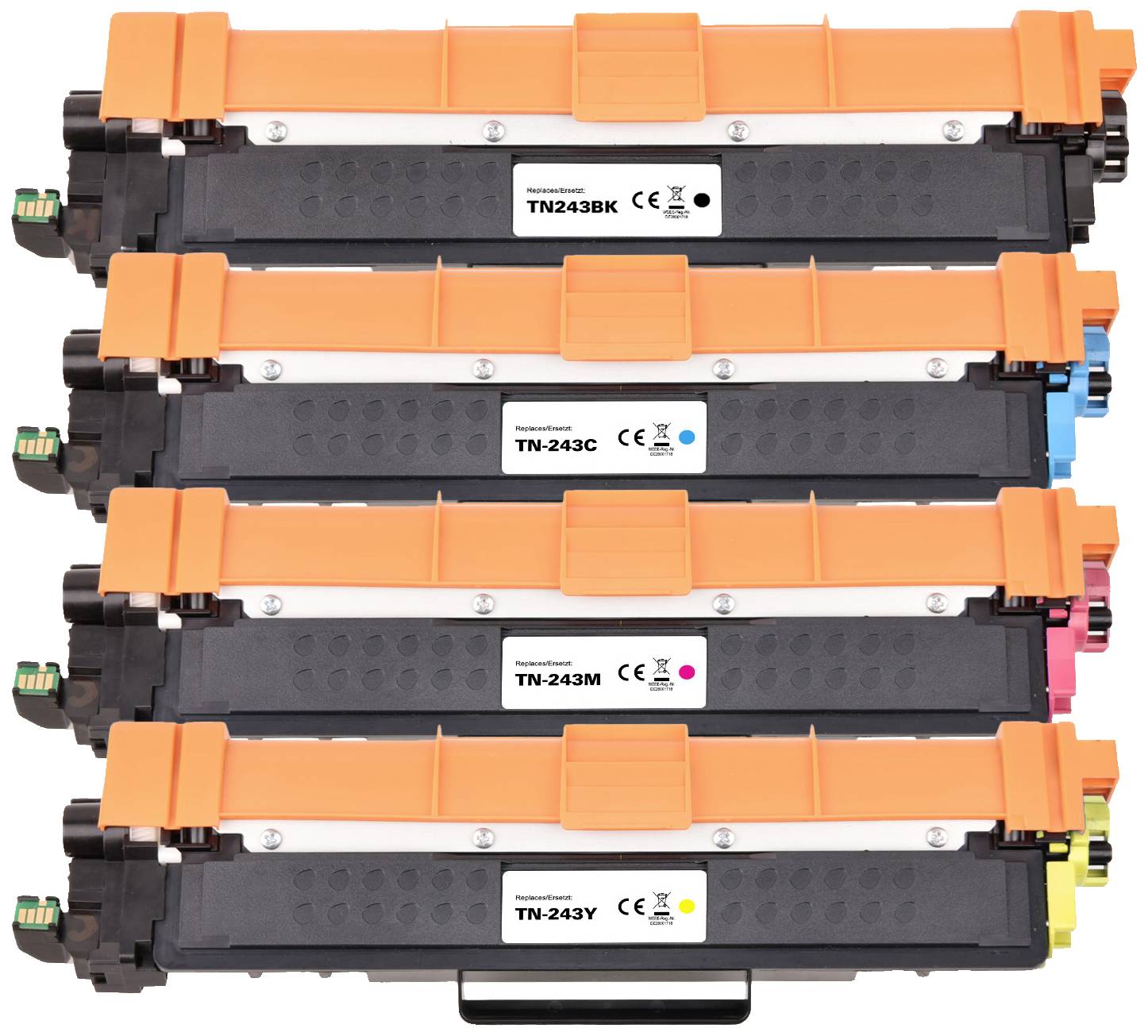 Five stacked printer toner cartridges in Black, Yellow, Magenta, Cyan, and Black for the Brother TN-243 series printer.