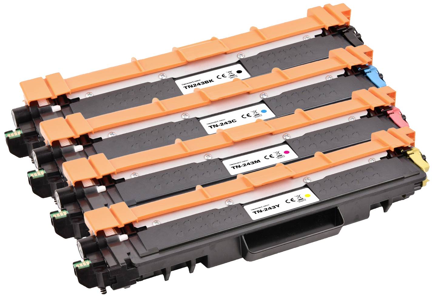 Four toner cartridges in the colours Black, Blue, Red and Yellow are lying side by side. Each cartridge bears a label with a model number.