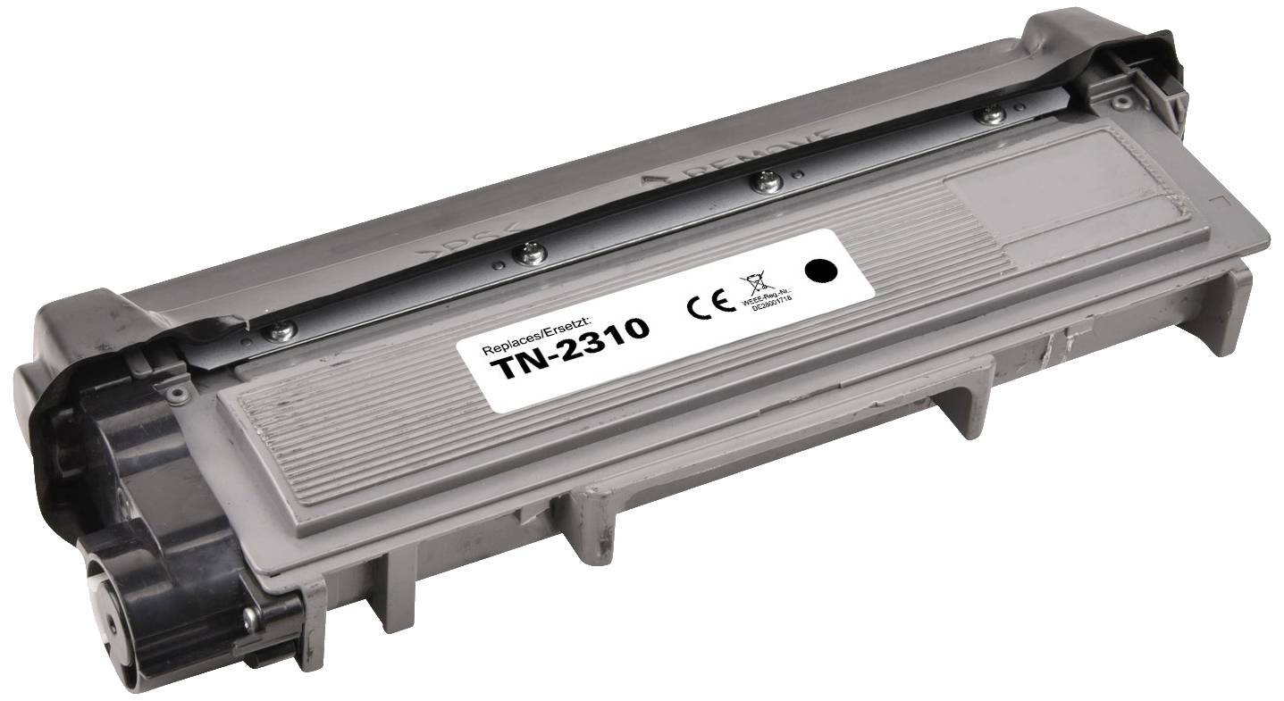 A grey printer toner cartridge model 'TN-2310' with CE marking and manufacturer's logo, for use in specific printer models.