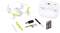 Mini drone with green propellers and pattern, remote control, spare part, USB charger, screwdriver and batteries on white background.