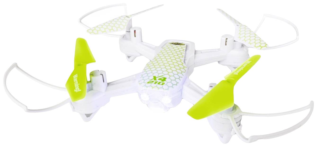 White and green drone with four rotor blades, viewed from above. It has a hexagonal pattern on its surface.