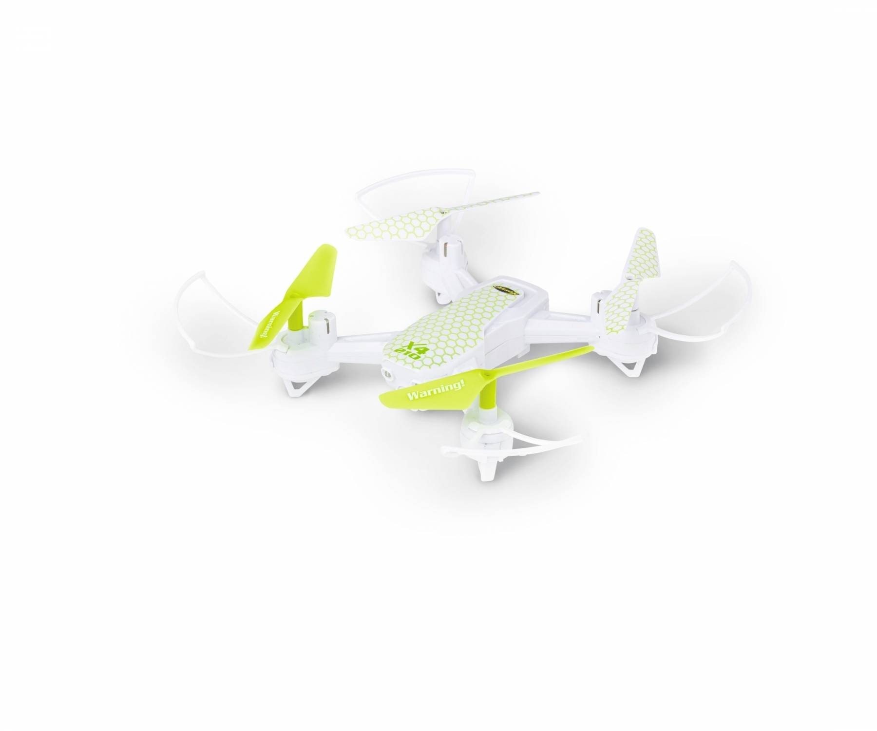 A small white drone with green elements. It is suitable for indoor use and has four rotors.