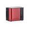 A red toaster with two slots and controls on the side. Suitable for toasting two slices of bread simultaneously.