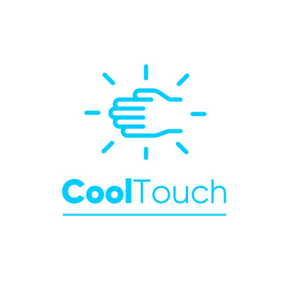 A blue symbol of a stylised hand with rays, with the text 'CoolTouch' in blue underneath.