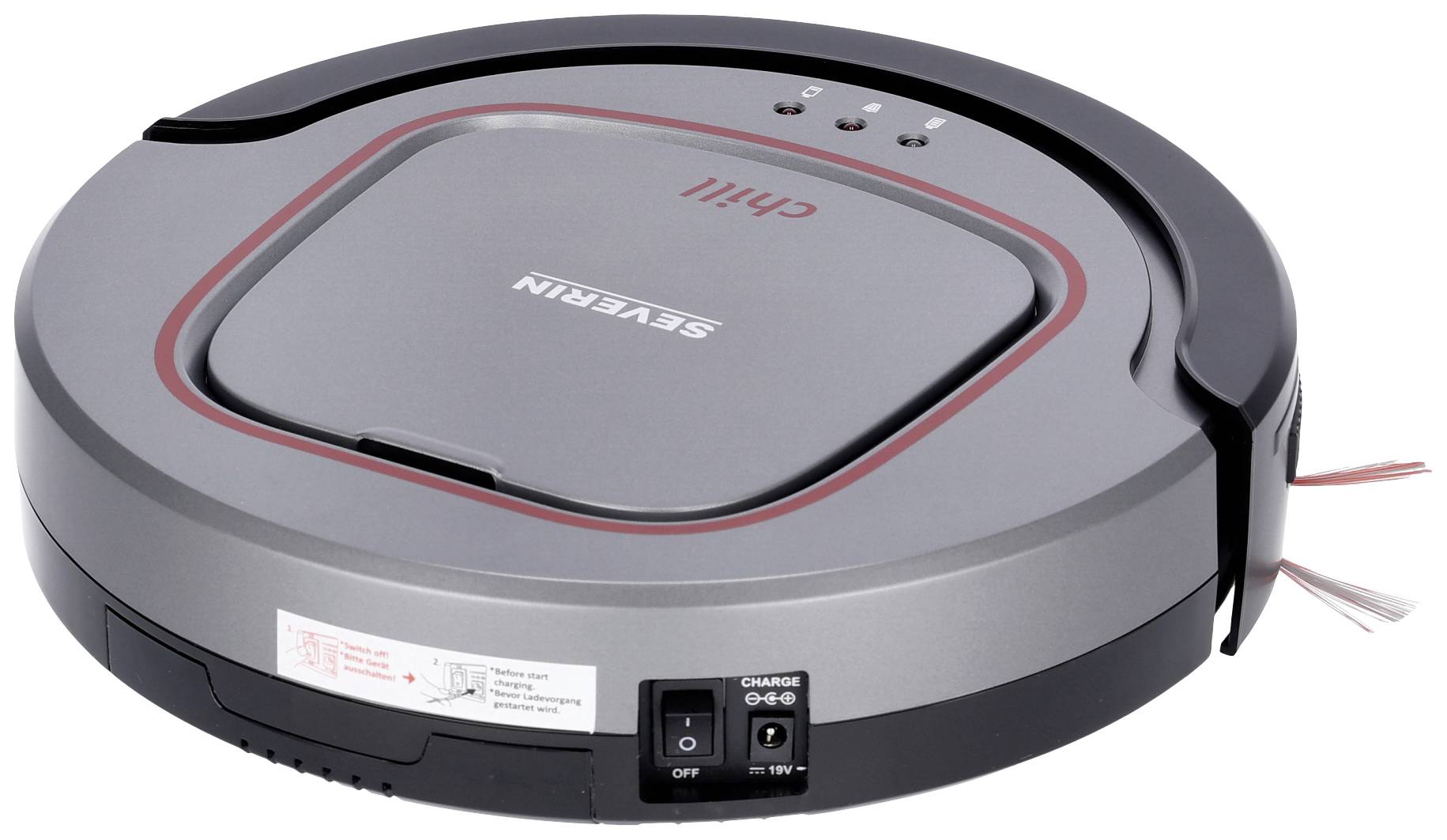 A round, flat, grey vacuum cleaner robot on a white background, with three buttons and a side brush attachment.