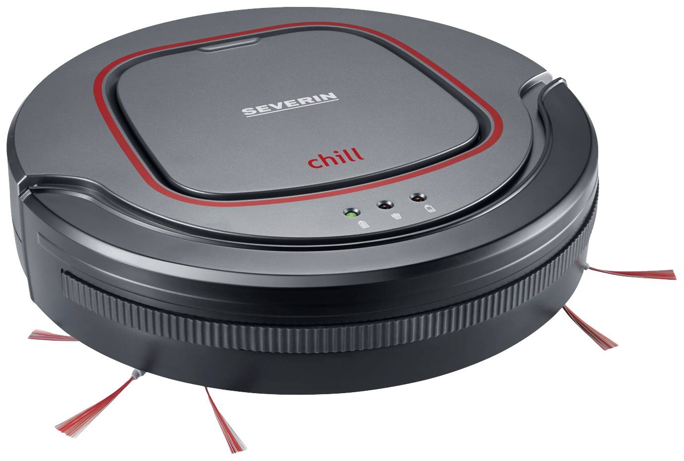 A black, round robotic vacuum cleaner with red accents and the inscription 'chill' automatically cleans floors.