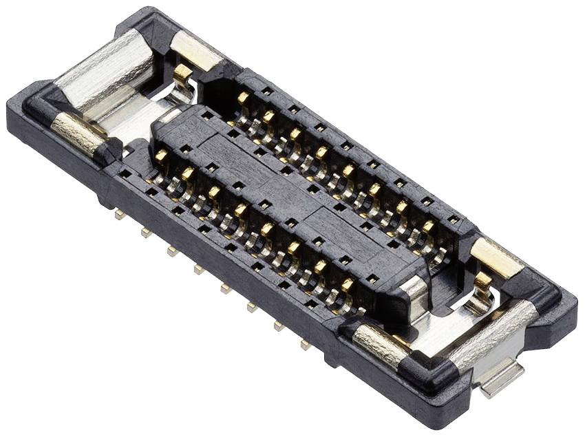 Multi-pin connector, rectangular in shape, predominantly black with silver and gold-coloured contacts.