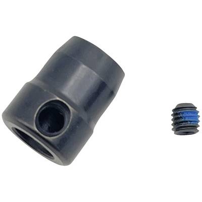 Black metal component with a hole next to a small screw with blue threading, against a white background.