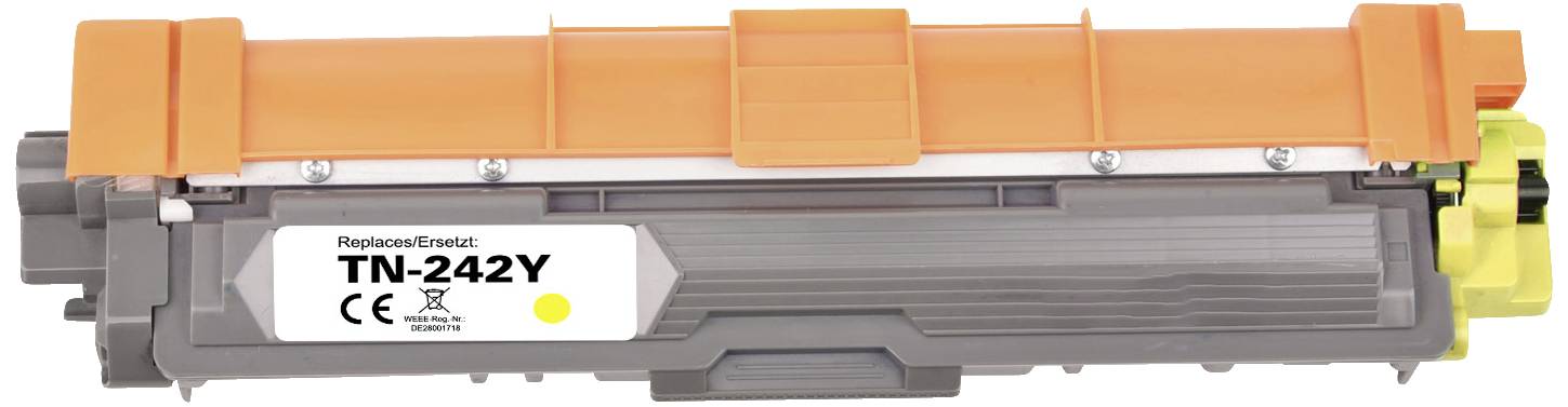 Yellow printer toner cartridge, model 'TN-242Y', with 'Replace/Entrust' label.