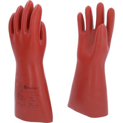Red protective gloves, isolated, standing; printed logo and text. Used for electrical safety work.