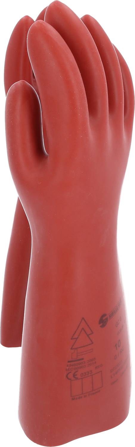 Red electrical insulating gloves for electrical protection, classified with voltage and size printed on them. Suitable for workplace safety.