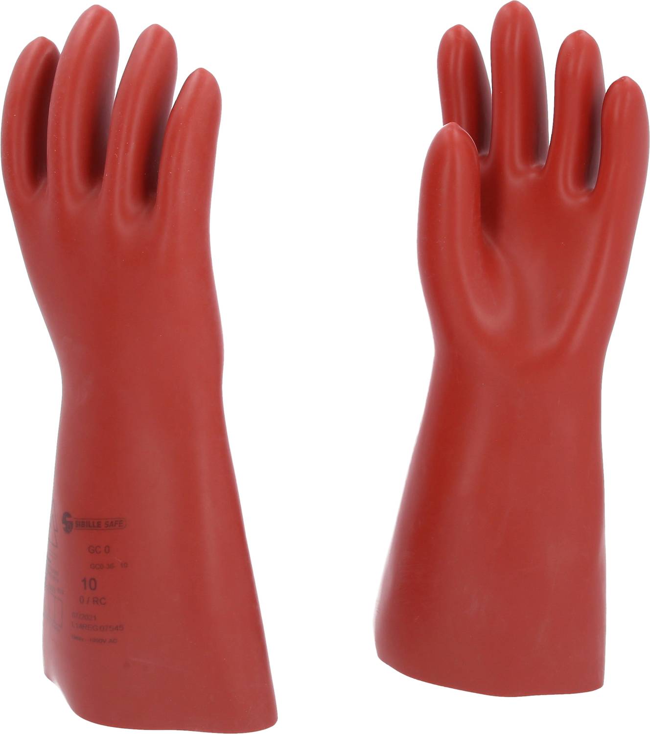 Two red rubber protective gloves standing upright. They provide protection against electrical shocks and have markings for size and standards.