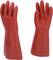 Two red rubber protective gloves standing upright. They provide protection against electrical shocks and have markings for size and standards.