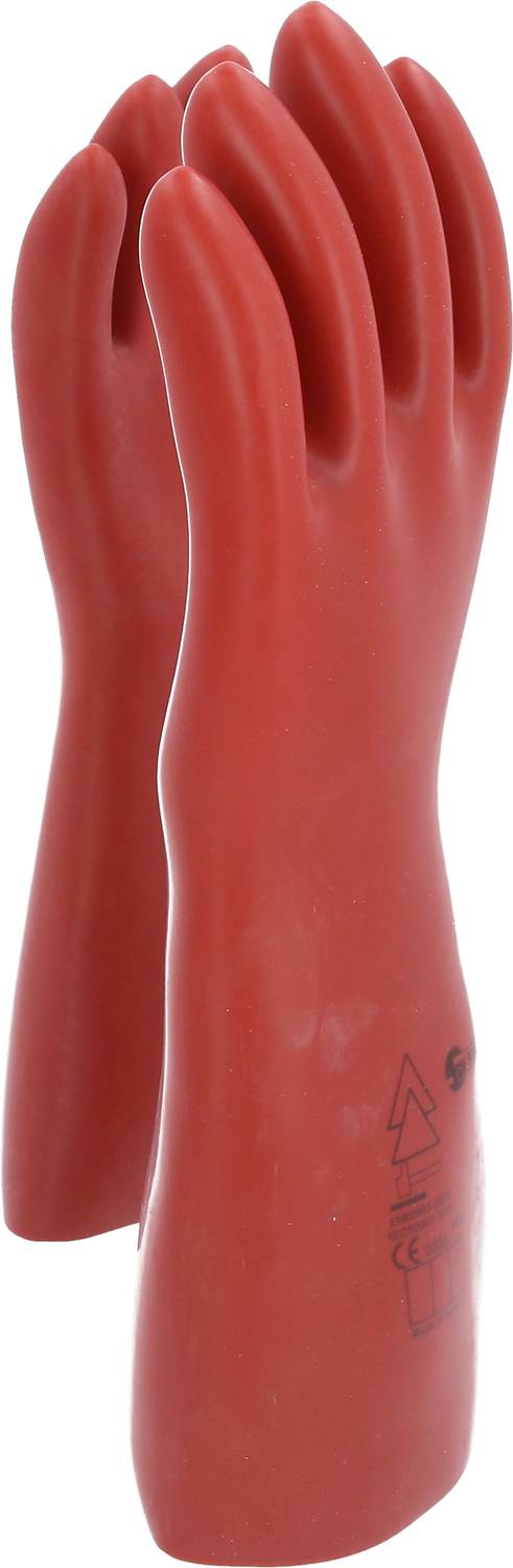 Red rubber insulating gloves, standing upright with visible symbol and text stamp. Protection for electrical work.