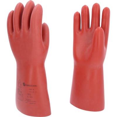 Two red rubber insulating gloves, standing upright, with safety print. They are designed to protect against electric shocks.