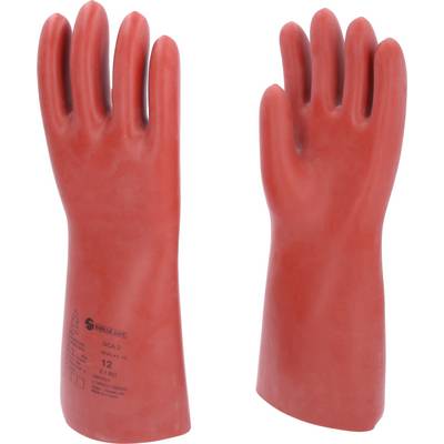 Two red insulating gloves. Left shows the palm surface, right shows the back. Suitable for electrical protection.
