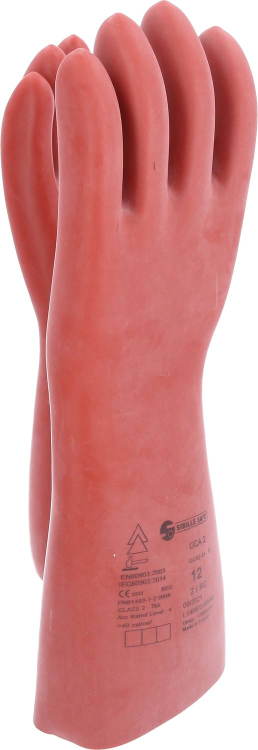 Red rubber protective electrical gloves with '12' printed text, CE certification, and insulation symbols.