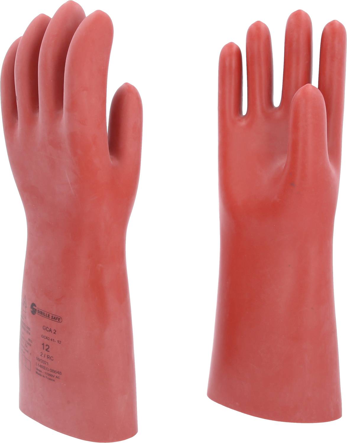 Two red rubber protective gloves standing upright.