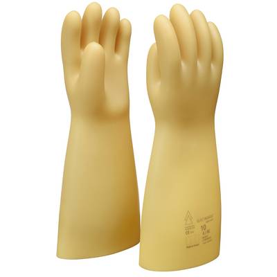 Two yellow insulating gloves, standing side by side. They are designed to protect against electrical shocks.
