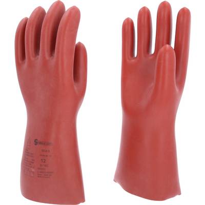 'Two red rubber gloves with print. One stands upright, the other shows the palm. They are intended for electrical protection.'