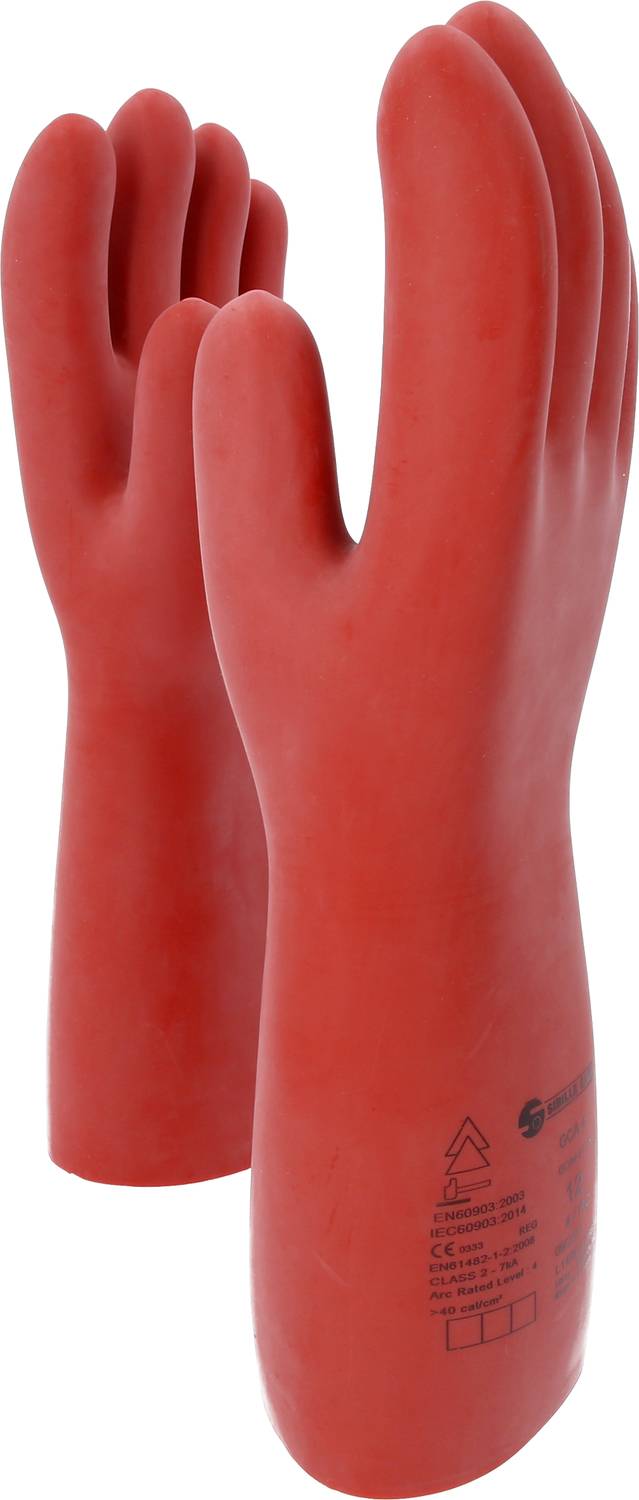 Two red gloves, likely made of rubber and intended for electrical protection. Safety markings are visible.