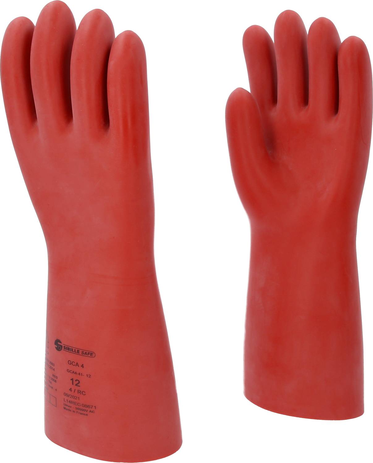 Two red rubber work gloves. The left glove displays safety markings and labels.