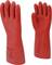 Two red rubber work gloves. The left glove displays safety markings and labels.