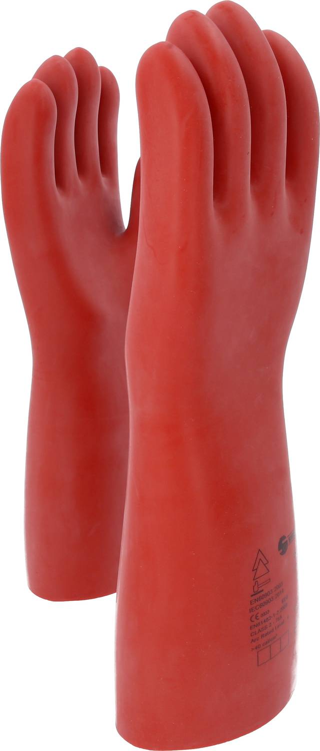 Two red insulating rubber gloves that provide protection against electrical voltages.