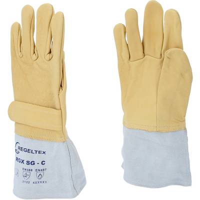 Two protective leather gloves with extended gauntlets. They are designed for use in high-temperature environments.