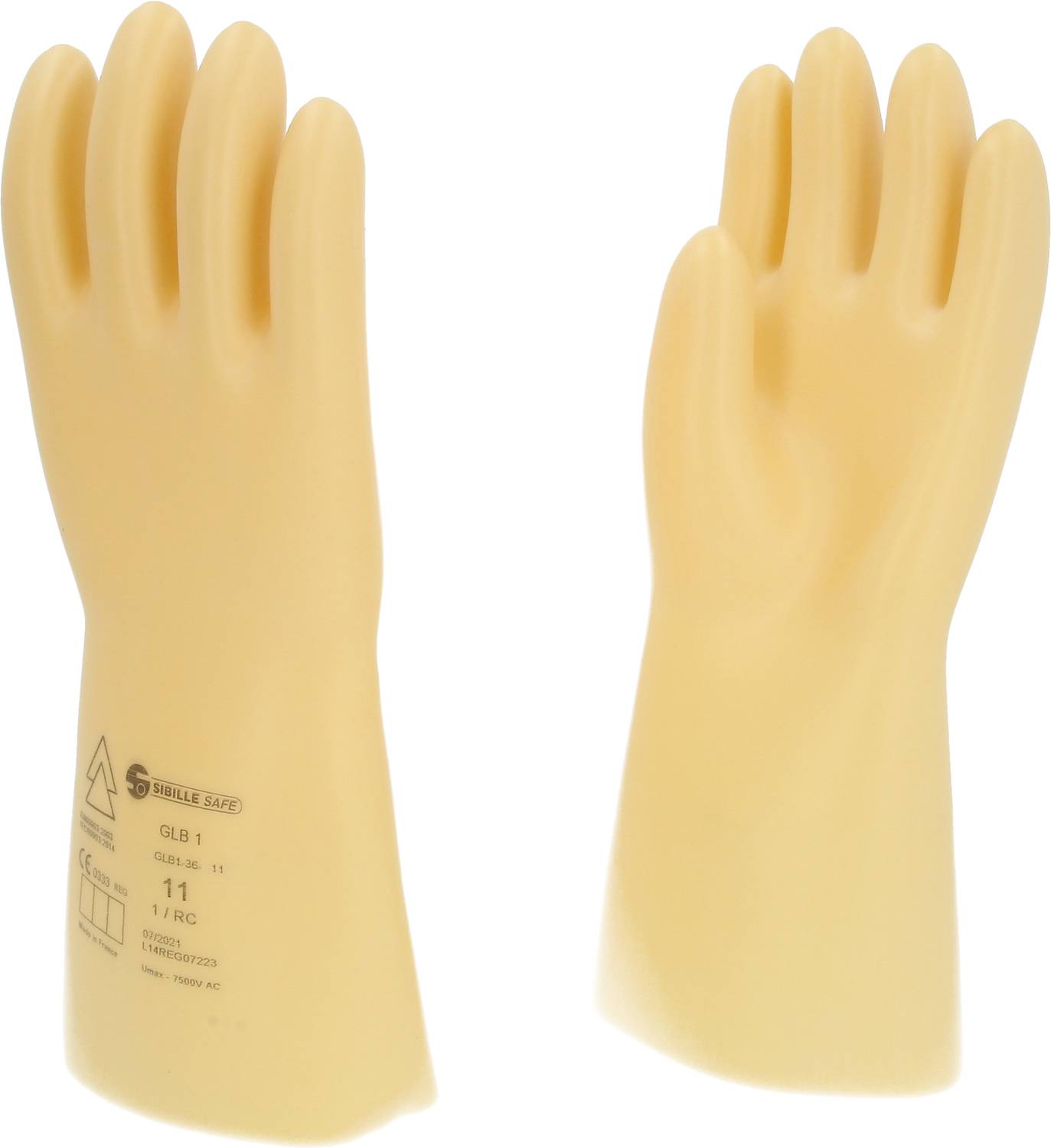 Two beige safety gloves, one showing the front with manufacturer details, the other showing the reverse side.