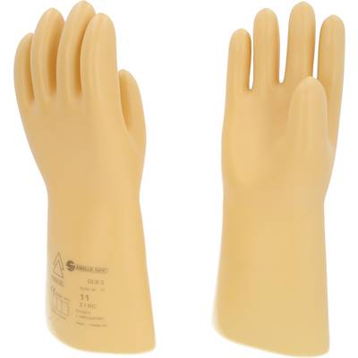 Two beige, insulating safety gloves, standing with an upright palm. Markings visible on one glove.