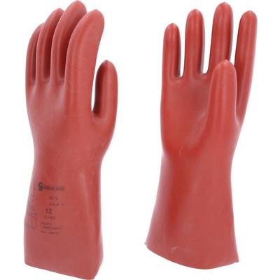 Two red, insulating rubber gloves positioned, one facing forward, the other to the side. Used for electrical protection.