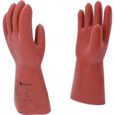 Two red protective rubber gloves. One glove is standing upright, the other showing print details on the outside.