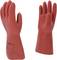 Two red protective rubber gloves. One glove is standing upright, the other showing print details on the outside.