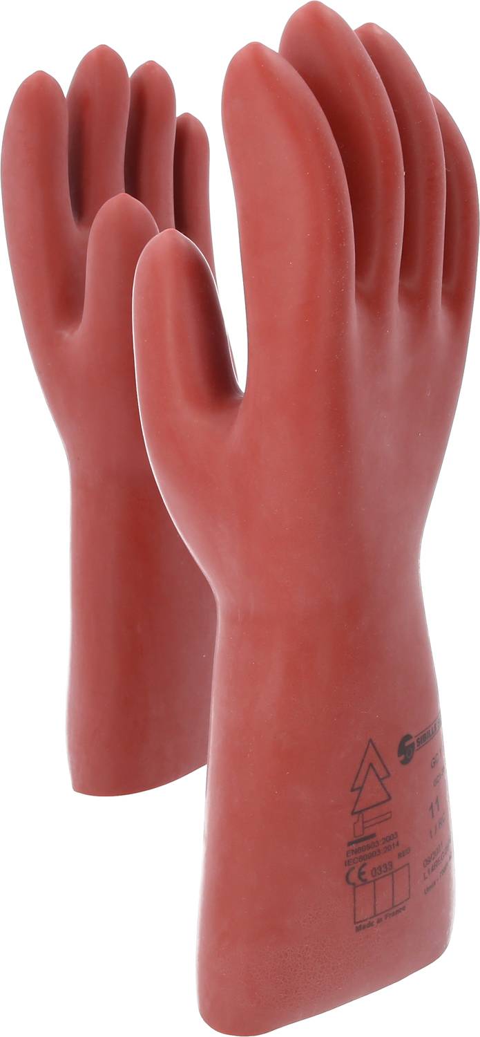 Red rubber insulating gloves for protection against electrical shocks; suitable for work on electrical installations.
