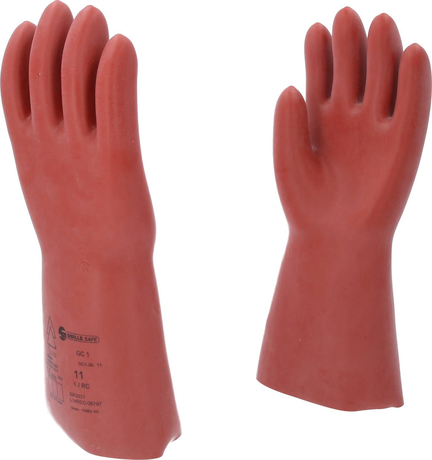 Two red rubber safety gloves, standing upright, suitable for electrical safety.