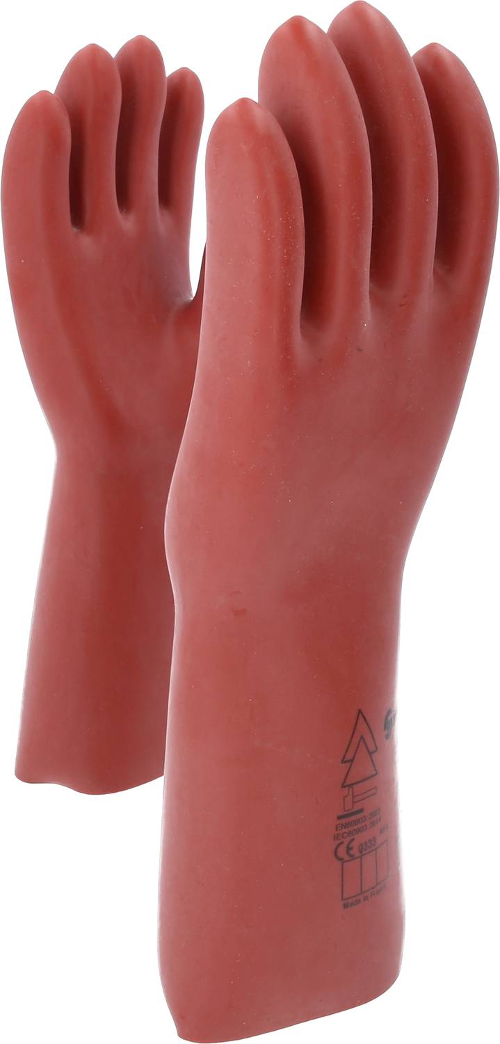Two red insulating gloves for electricians, standing, with unmarked surfaces.