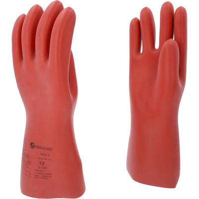 Two red rubber gloves, standing upright, with text and markings on one glove. Suitable for electrical protection.